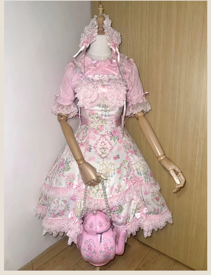TaTaTa Lolita~Spring 2025~Old School Lolita Jumper Dress with Floral Prints & Lace JSK Only S