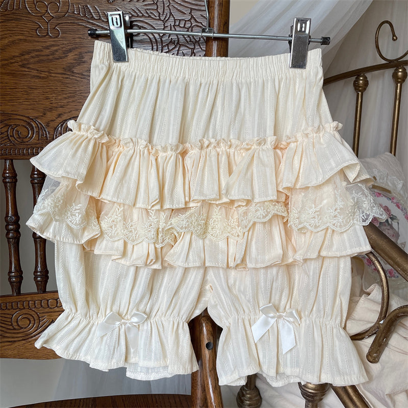 Sugar Girl - Cotton Sweet Lolita Bloomers, Tiered Ruffle Beige One Size