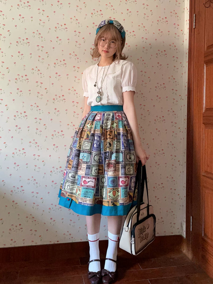 Miss Cube - Antique Label - Retro Lolita Skirt American Half Skirt Customized Antique Print