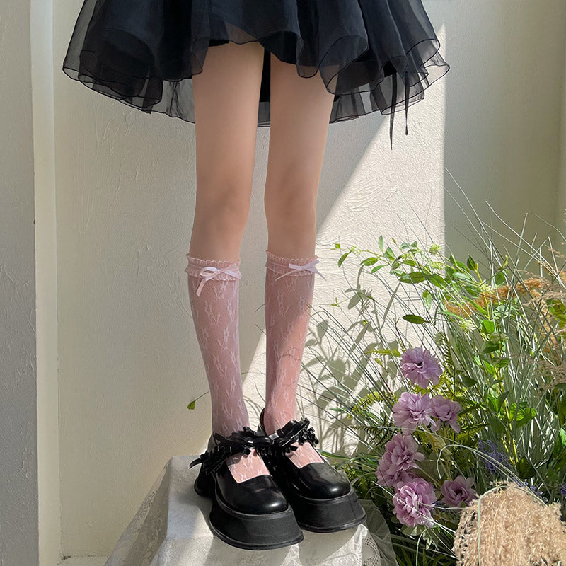 WAGUIR~Elegant Lolita Organza Lace Socks free size pink 