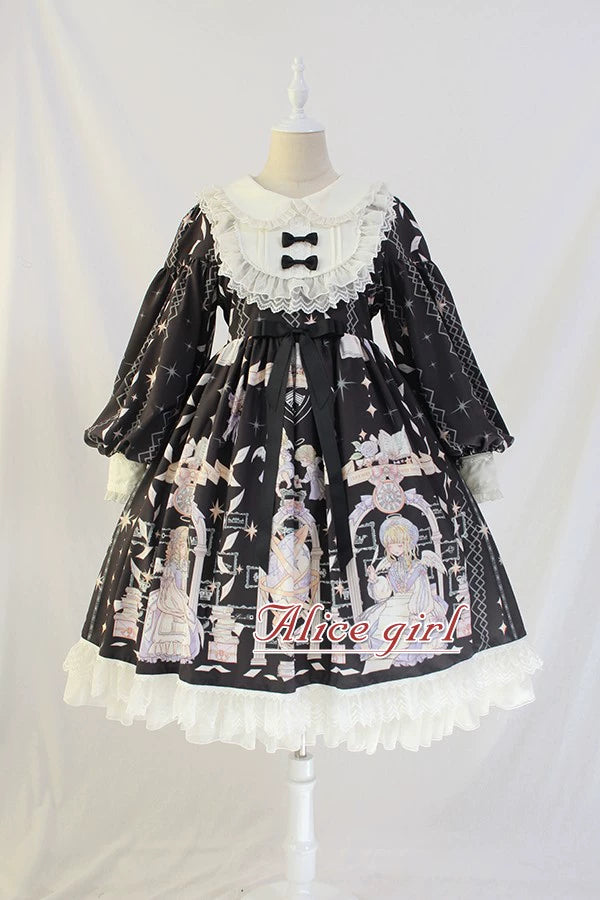Alice Girl~Sweet Lolita OP Dress Angel Print Lace Ruffle Dress S black 