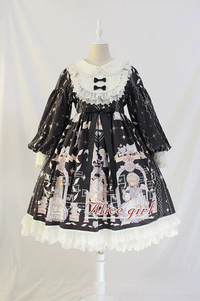 Alice Girl~Sweet Lolita OP Dress Angel Print Lace Ruffle Dress S black 