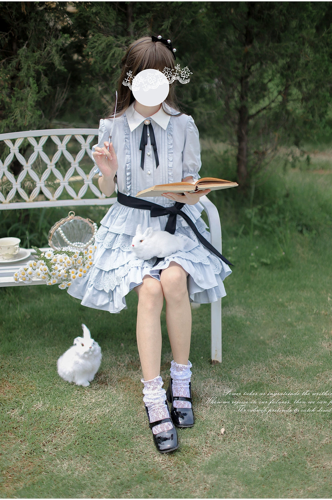 HuTaoMuJK~Tulle~Elegant Cotton Lolita OP Dress Blue Tiered Hem Cake Blue Lolita Dress   