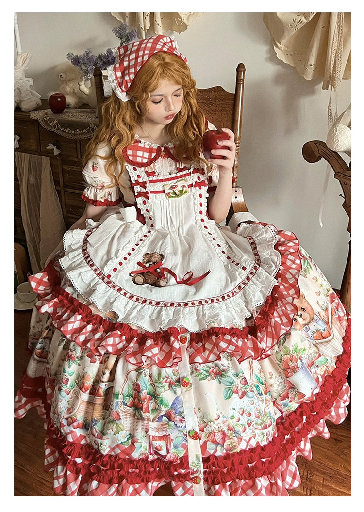 Spireme Cat~December Strawberry Field~Sweet Lolita OP Dress Strawberry Printed Dress Embroidered Apron Only (Free Size) S