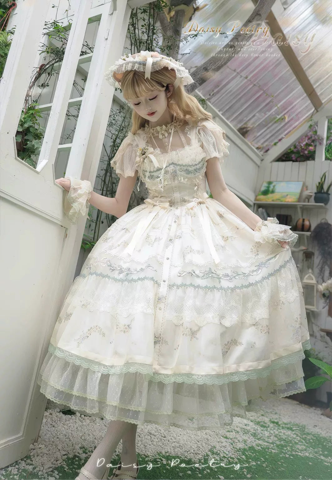 Daisy Poetry - Classic Lolita Lace JSK & OP Dress, Daisy Print and Embroidery 45825:864045