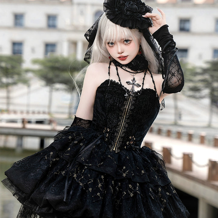 Another Walker~Night and Night Furan~Gothic Lolita Fishtail Skirt Set Black Lolita Set S Bodice + skirt + cuffs 