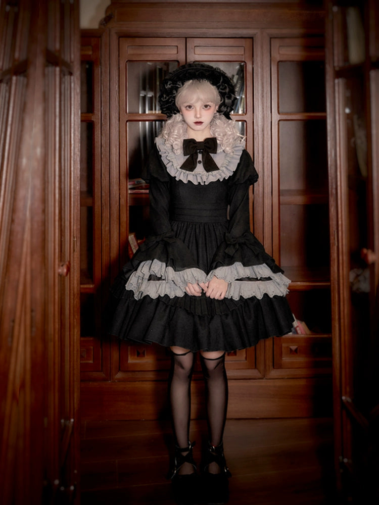 With PUJI~Midnight Chronicles~Black Old School Lolita OP Dress with Princess Sleeve