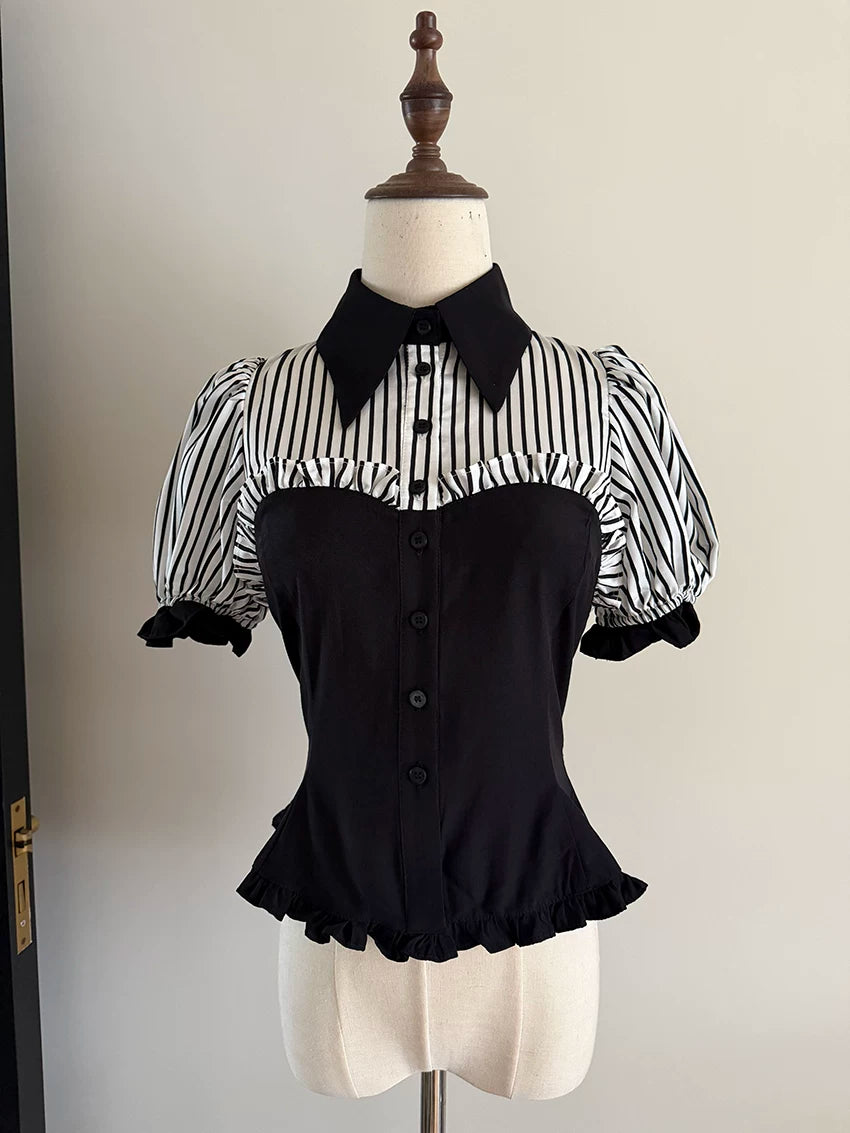 Laura's Reply - Gothic Lolita Striped Patchwork Blouse White Stripe Blouse S