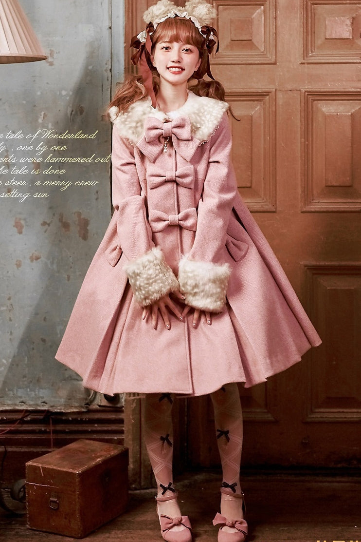 Unideer - Winter Lolita Coat Wool Bow Overcoat S Gray Pink