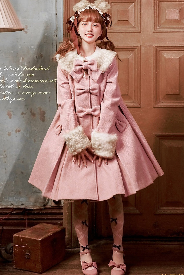 Unideer~Winter Lolita Coat Wool Bow Overcoat S Gray Pink 