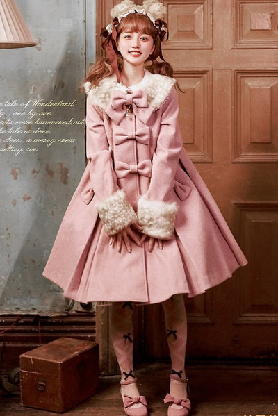 Unideer~Winter Lolita Coat Wool Bow Overcoat S Gray Pink 