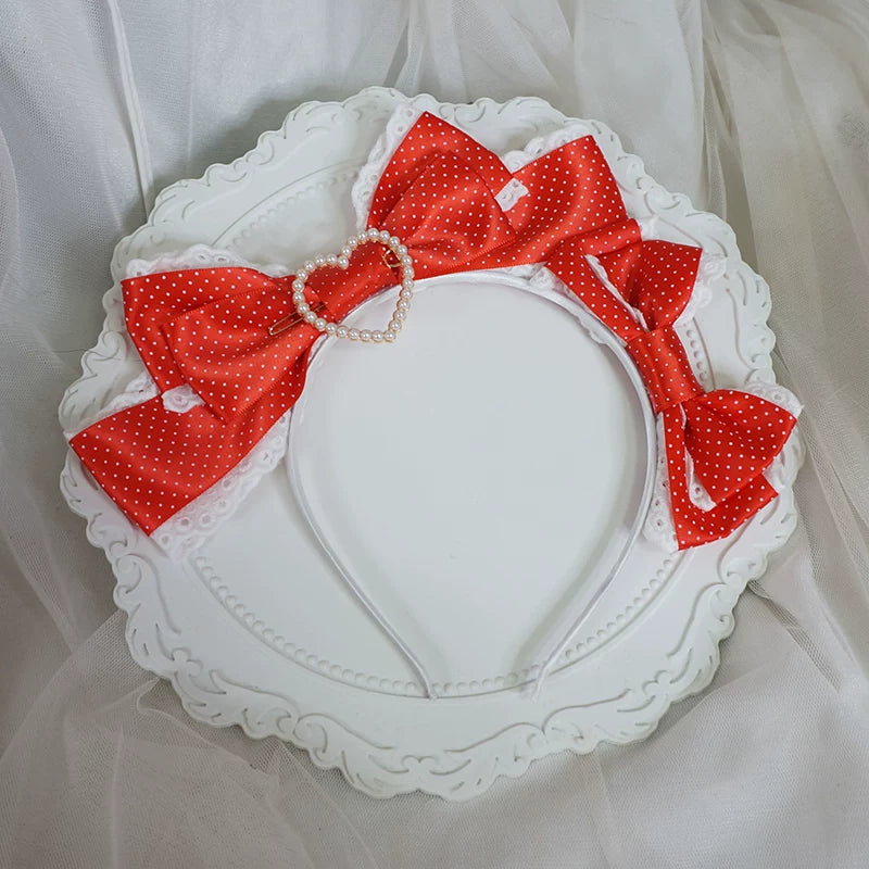 Polka Dot Lolita KC, Heart-shaped Decoration Red - Double Bow KC + Pearl Heart
