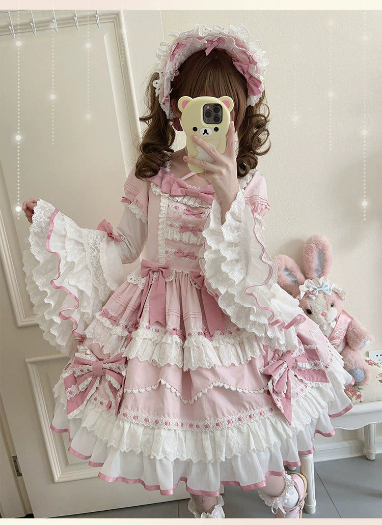 Heartbeat doll~Lily's Tea Party~Pink Old School Lolita OP Dress Long Sleeve