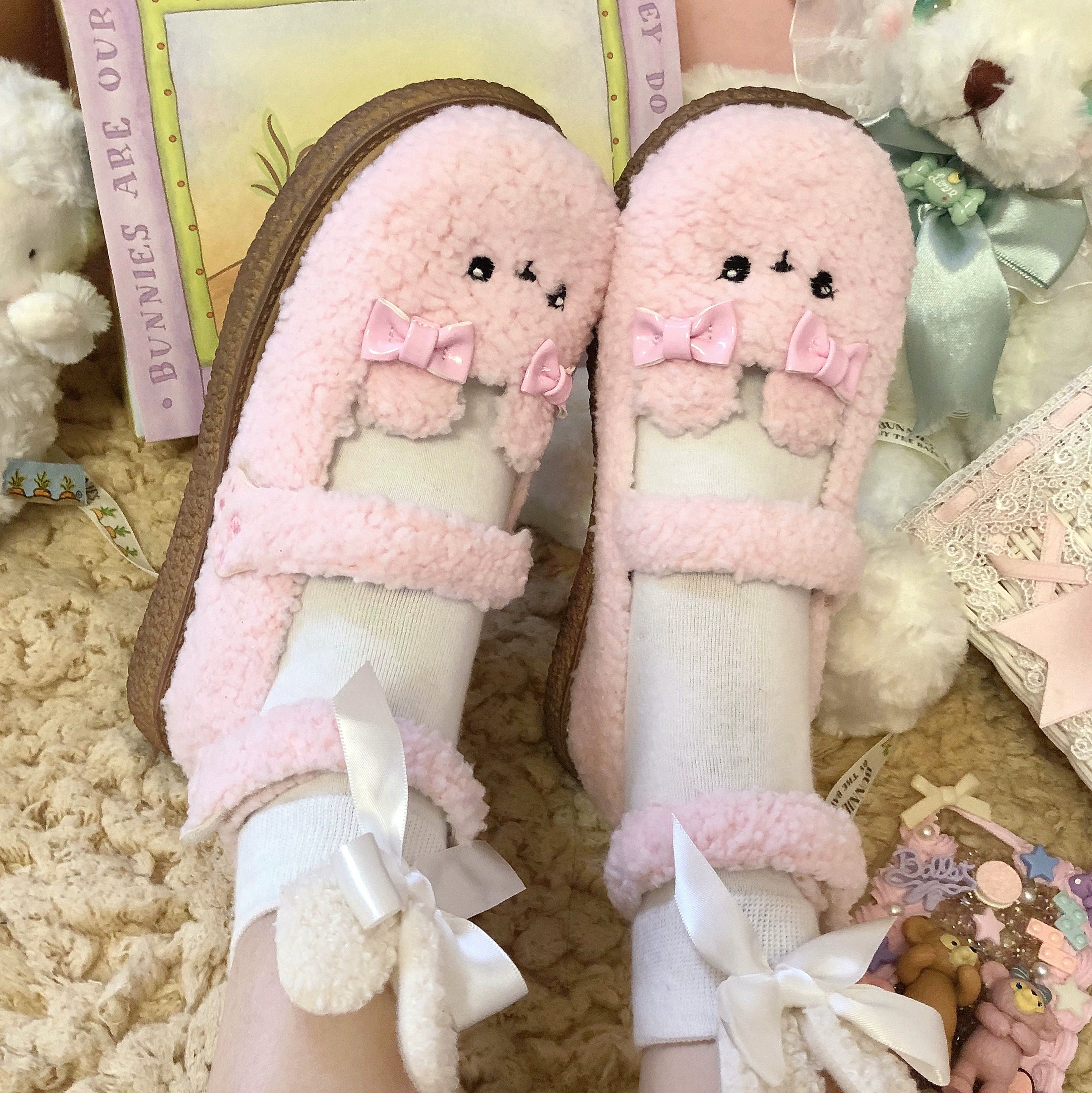 Fairy Godmother - Cute Plush Warm Round Toe Lolita Soft Sole Shoes 34 Lamb fur in pink with mesh lining