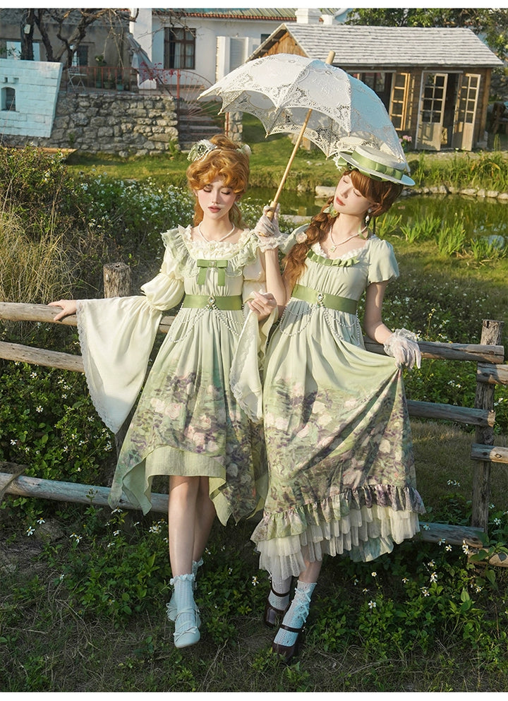 With PUJI~Blooming Rose~Chiffon Classic Lolita Dress Set Painting Styled OP & JSK