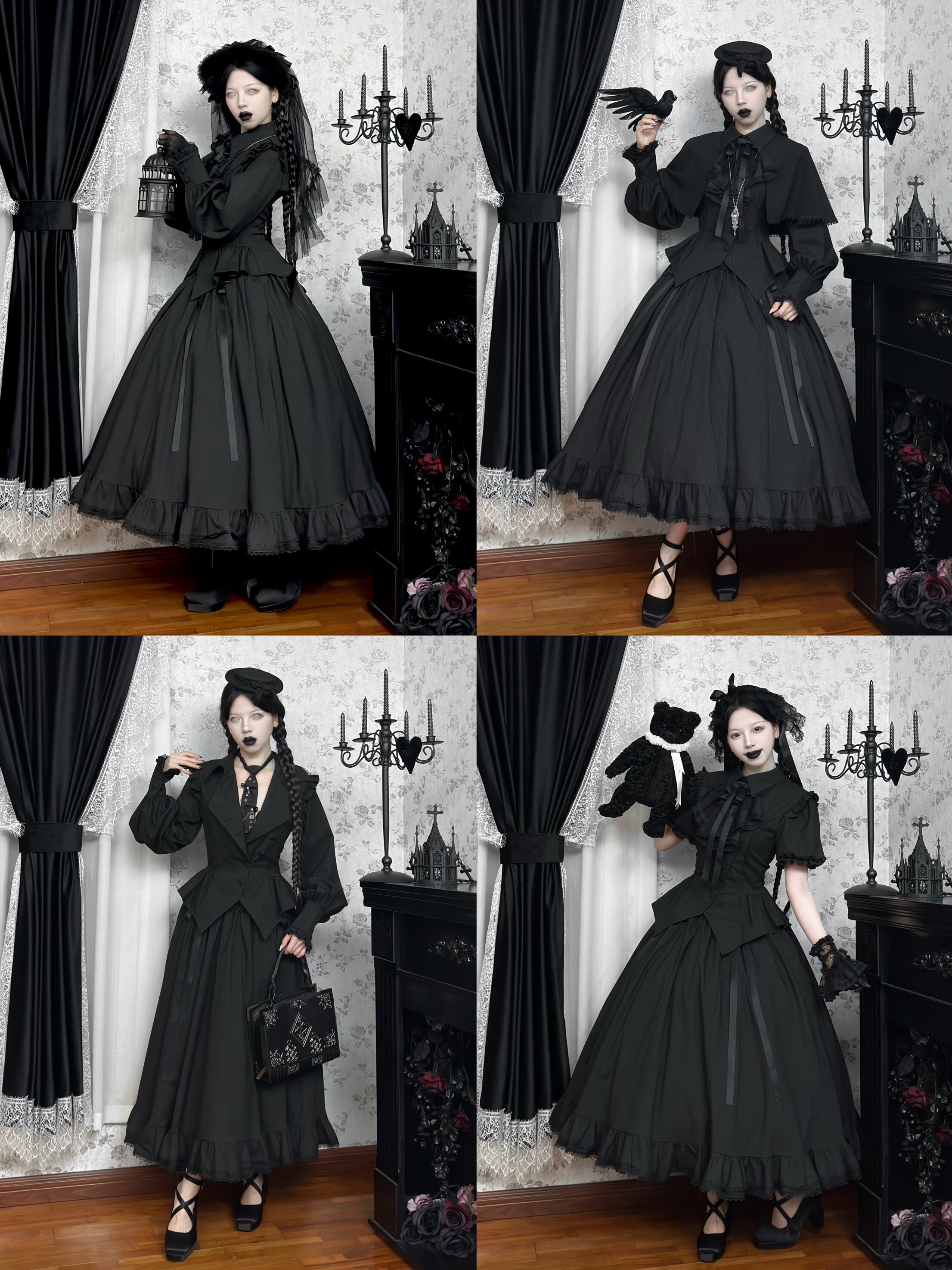 Lyra Nocturne - Gothic Lolita Slanted Placket Shirt Set, Plaid or Striped
