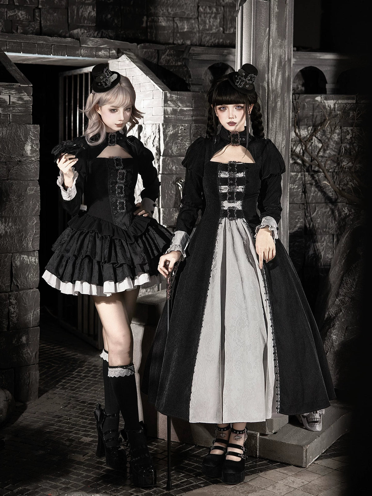 Klein - Black and White Gothic Lolita OP Dress Set, Metal D-rings 45996:871467