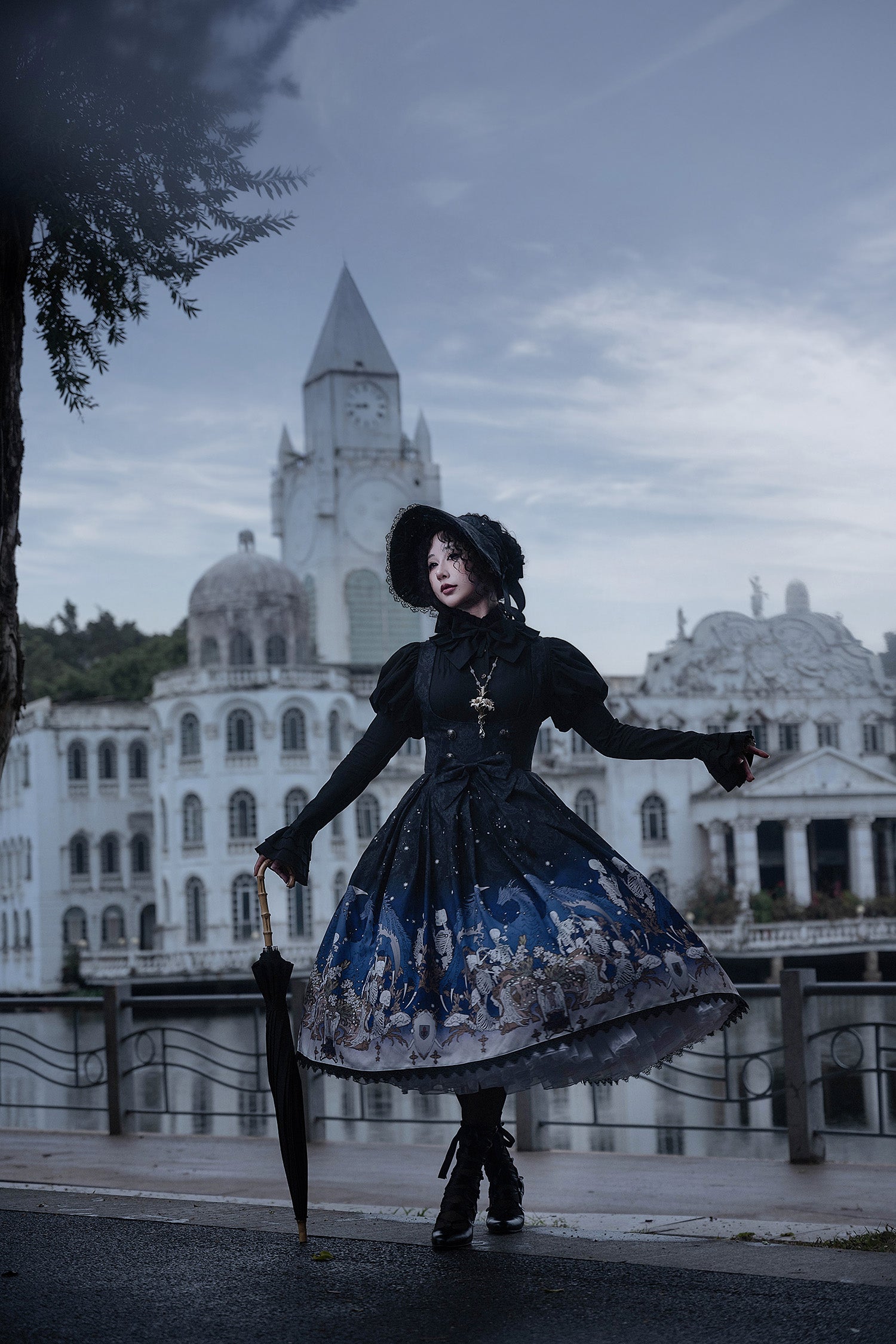 Nn Star - Dragonbone Lily - Dragon Skeleton Print Gothic Lolita Bust-supporting JSK and BNT 42664:748563