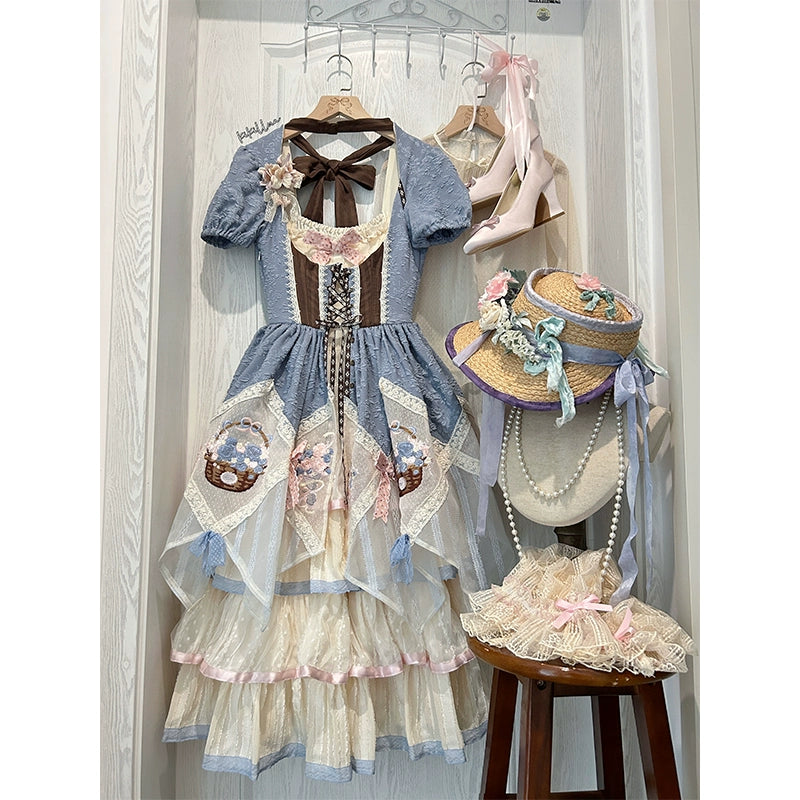 (BFM)Shuangsheng Dream Island~Country Lolita Dress OP Bouquet Embroidery S OP dress with splicing sleeves 