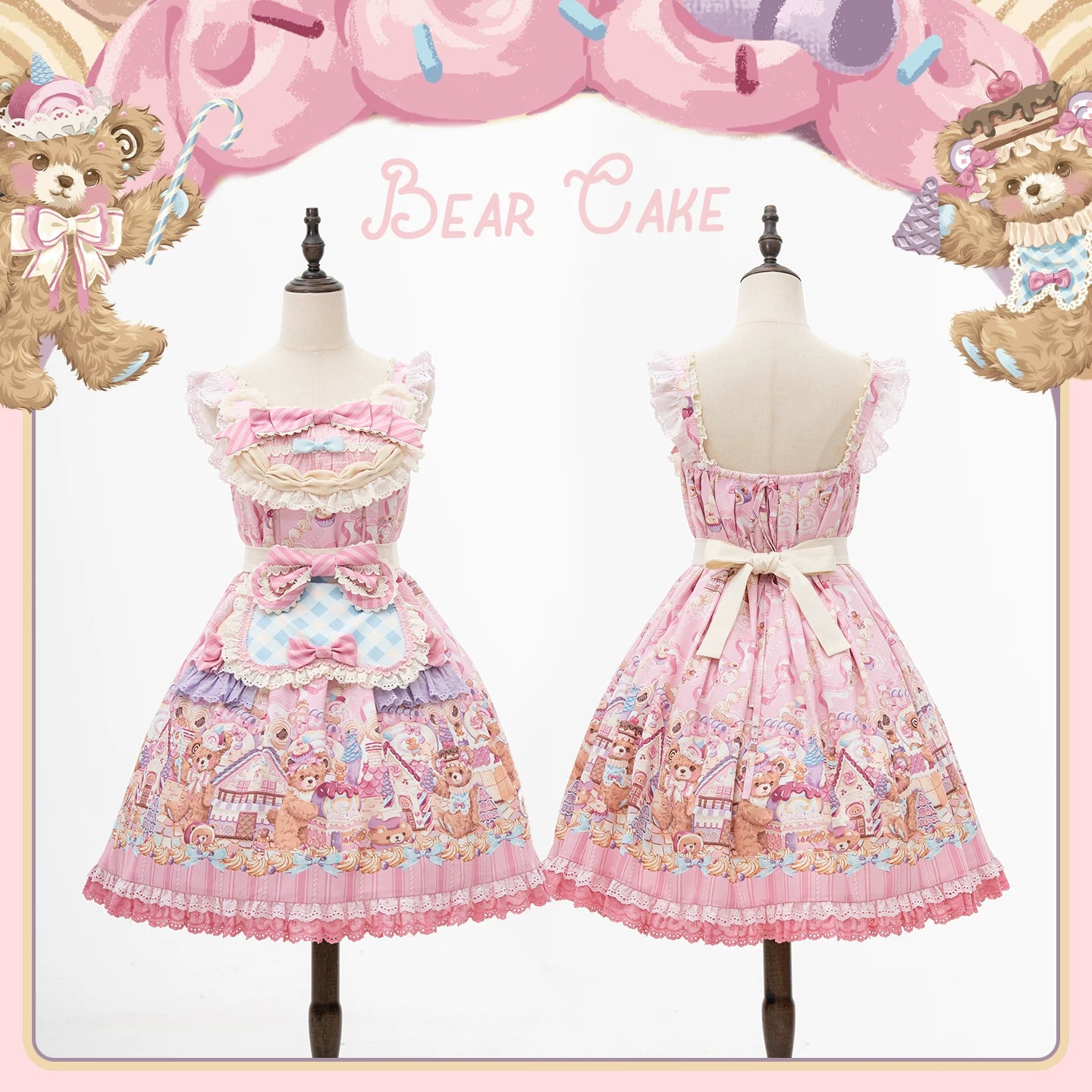 Bear Cake - Sweet Lolita JSK & OP Dress, Bear & Dessert Print (L M S XL XS) 45755:860843