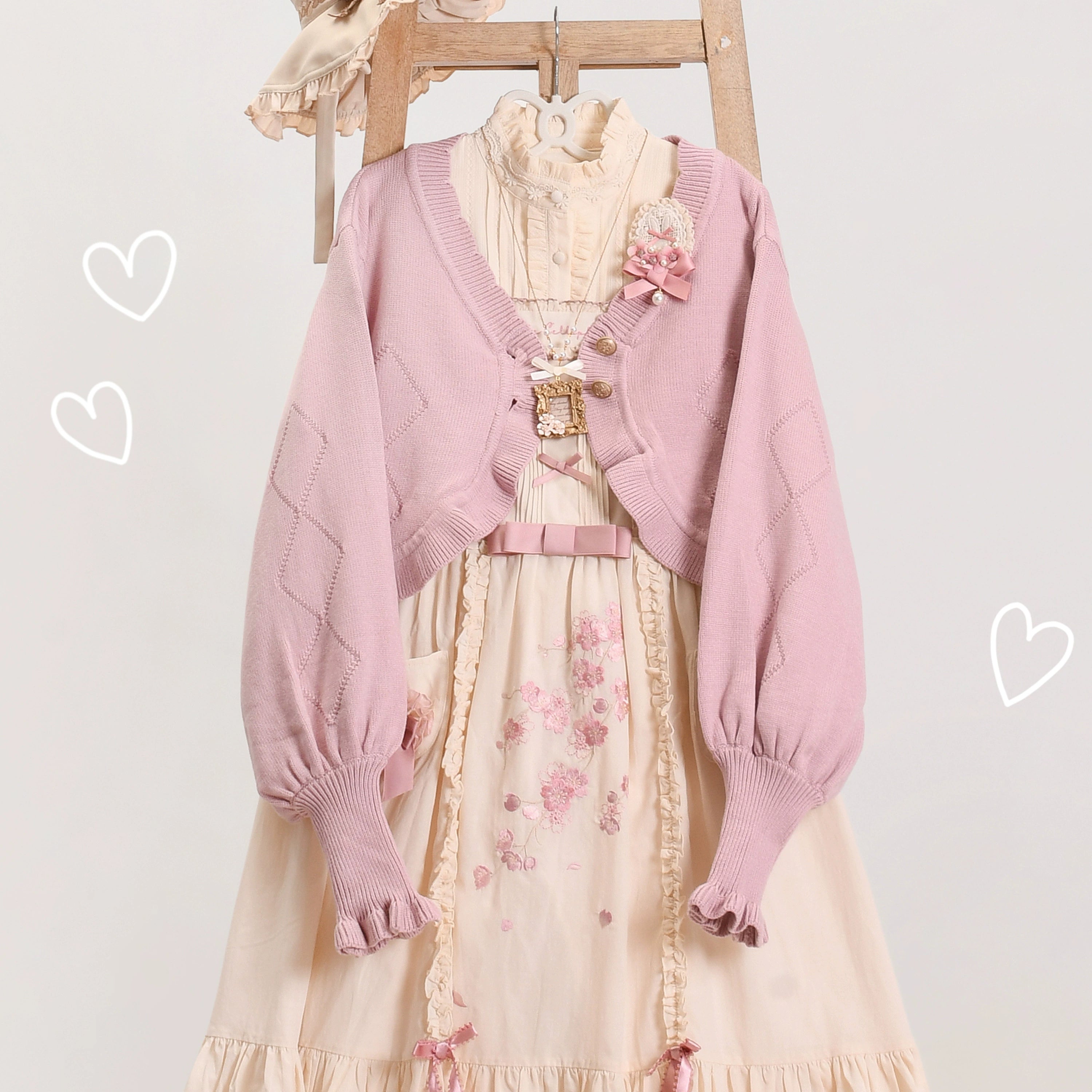 MIST - Cookie - Vintage Lolita Cardigan Short Sweater Multicolors S lotus pink
