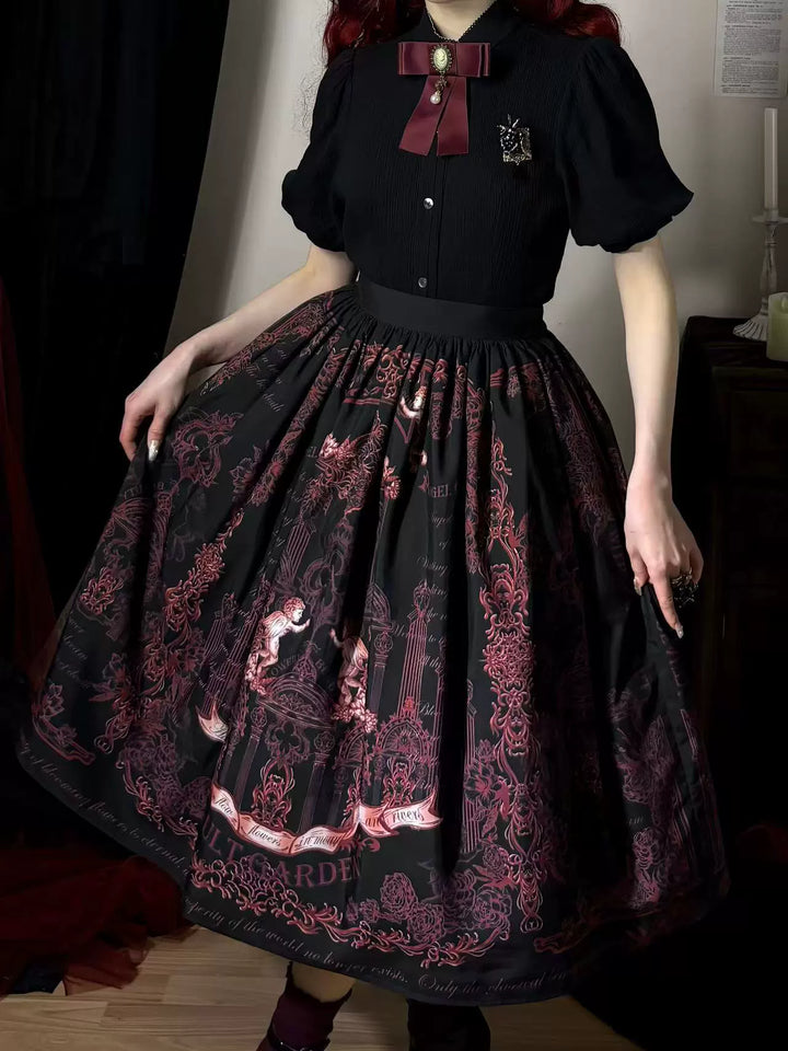 Vault Design~Angel Garden~Classic Lolita SK A-line Printed Lolita Skirt black red SK only - XS