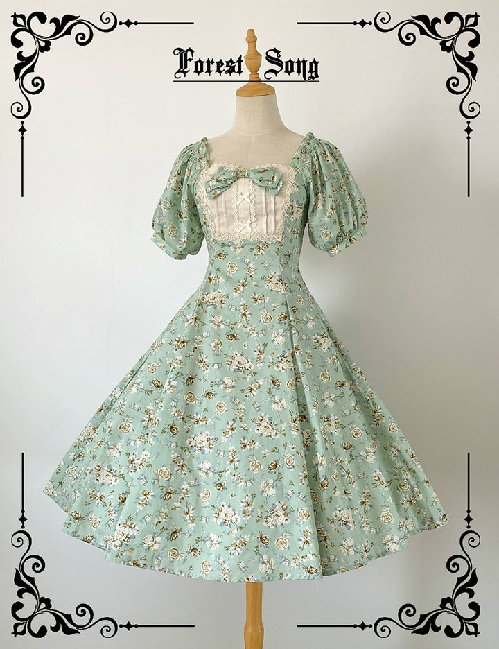 Forest Song~Pastoral Poem~Elegant Lolita OP Dress Floral Print 6-Piece Cut Lolita Dress S Mint Green Rose OP 
