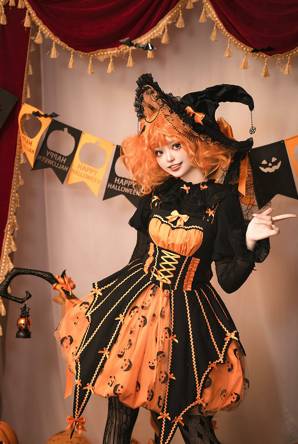 Lemon Honey~Halloween Gothic Lolita Jumper Dress Pumpkin Skirt Dress   