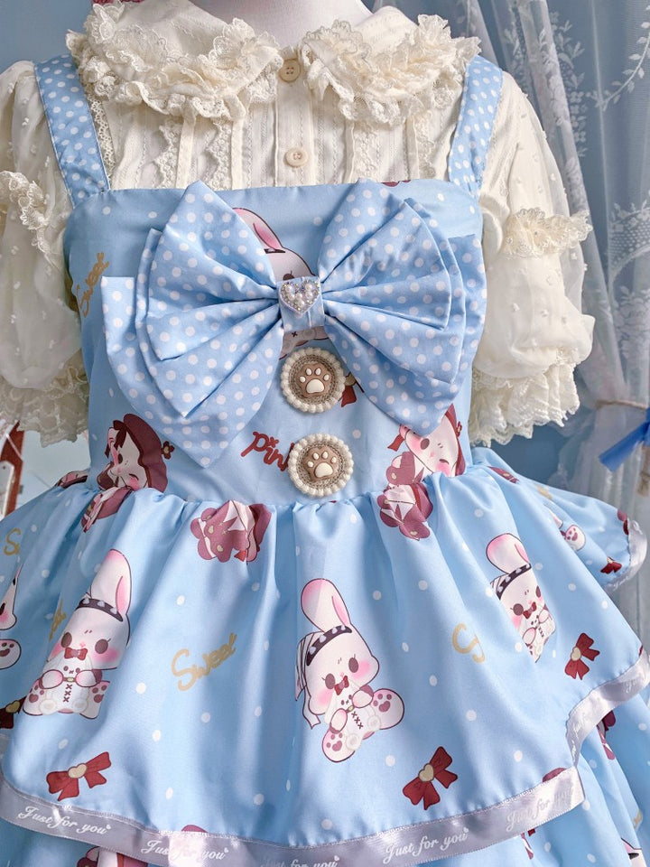 Night Never Sleeps~Bobble Bunny~Kawaii Lolita JSK Tiered Ruffles Dress with Bunny Print
