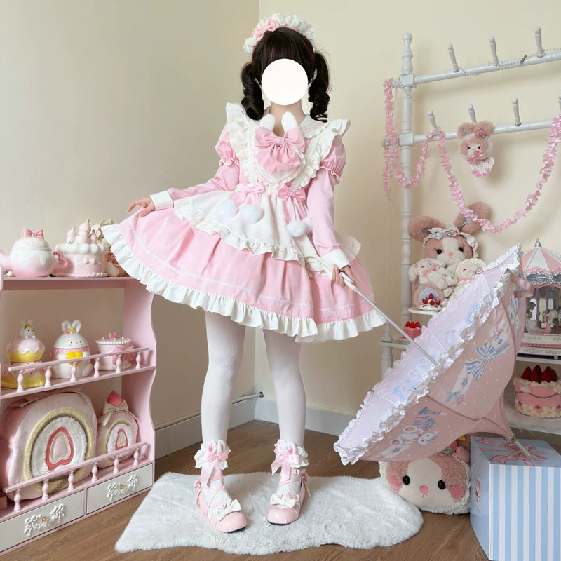 Sweet Bunny Pom-pom - Maid Lolita Bunny Ear Collar OP Dress, Detachable Apron Pink - (Short Sleeve OP + Apron + A Pair of Detachable Sleeves) S