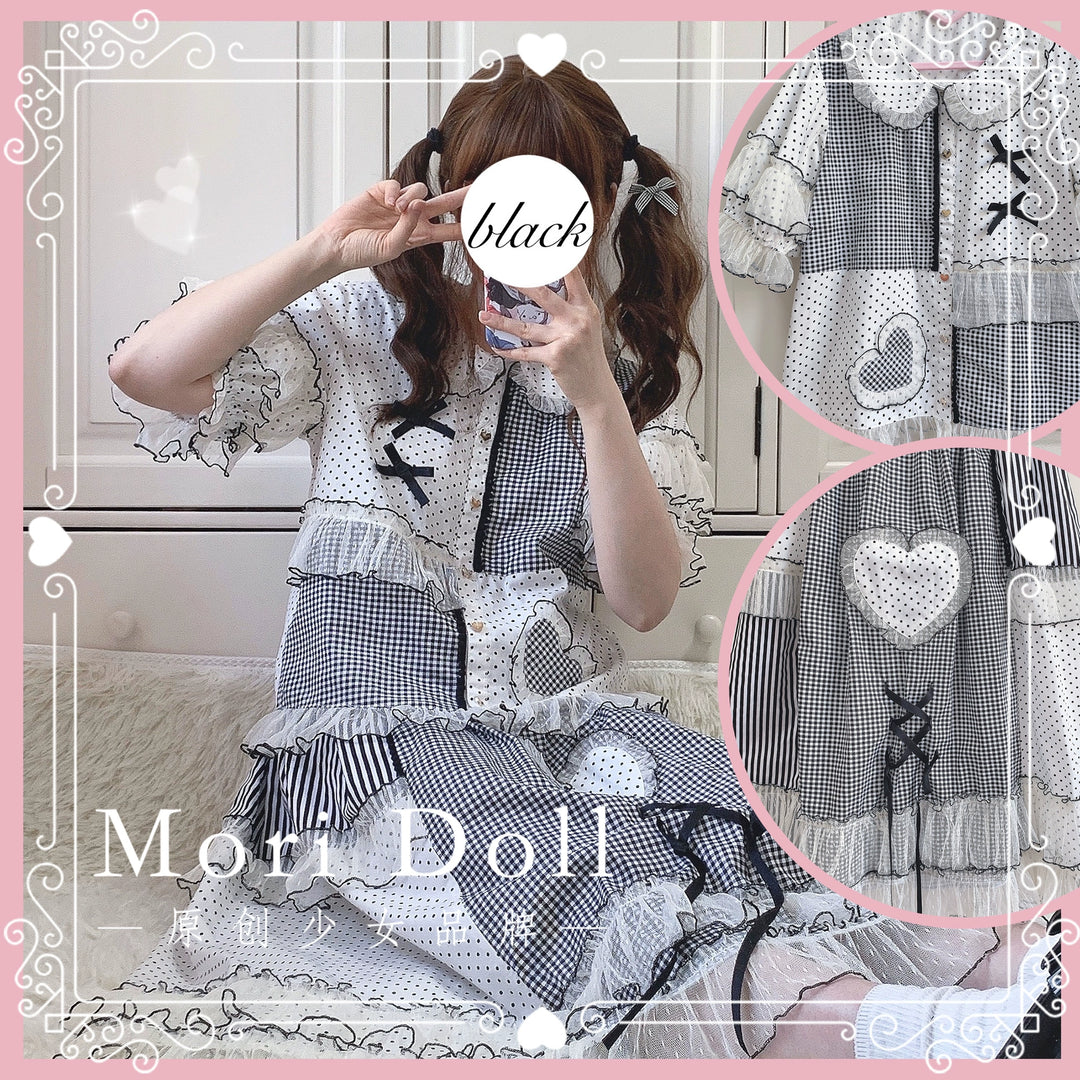 Mori Doll~Peach Tea~Sweet Lolita Dot and Stripe Print Short Sleeve Blouse