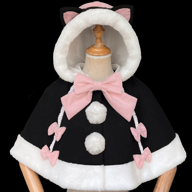 ZhiJinYuan~Kawaii Lolita Cape Winter Lolita Cat Rabbit Ear Coat Cheese Cat Black Cape Only Free Size