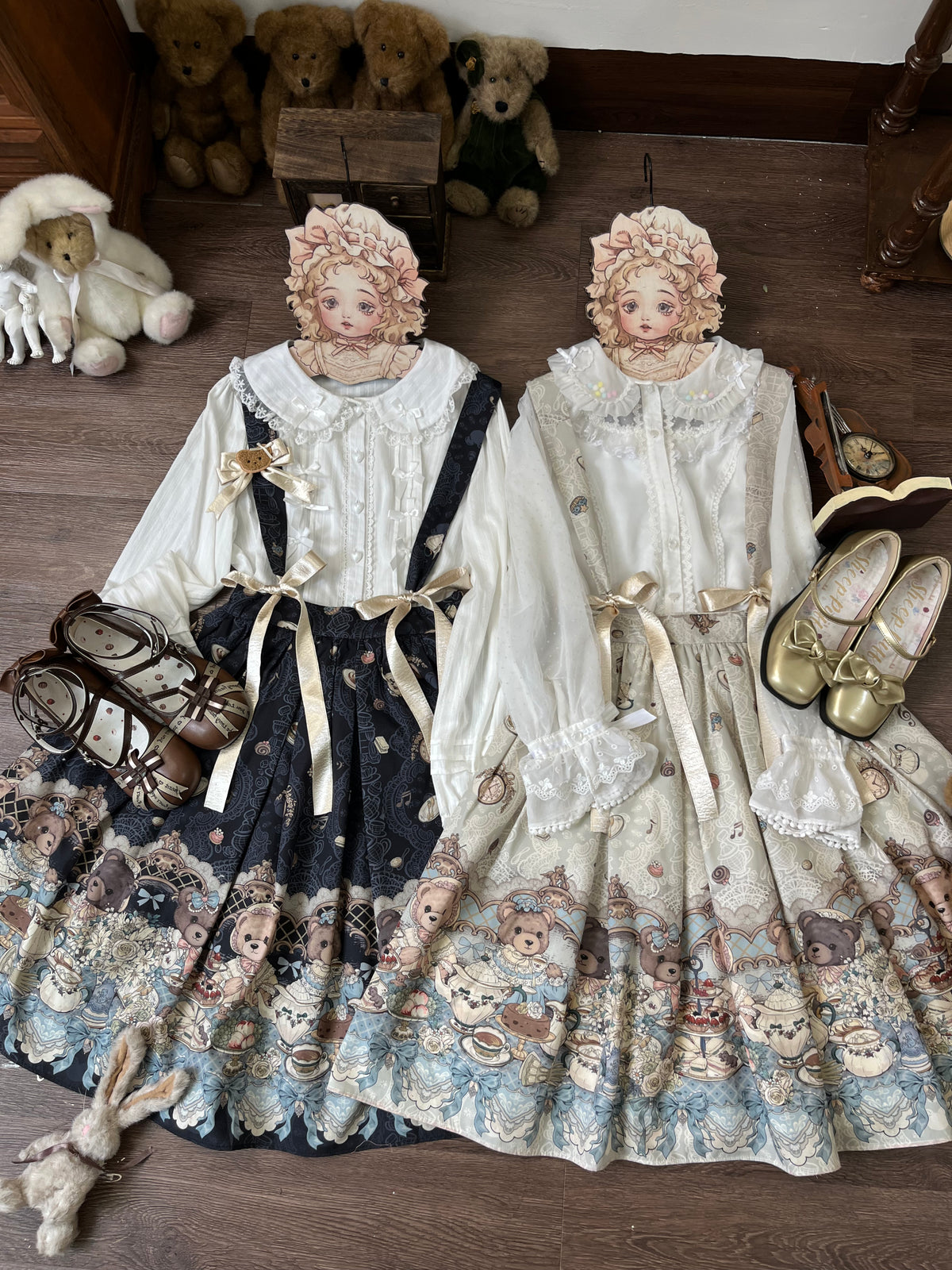 Bear's Tea Party - Kawaii Vintage Lolita Suspender Skirt, Bear Print 46007:871884