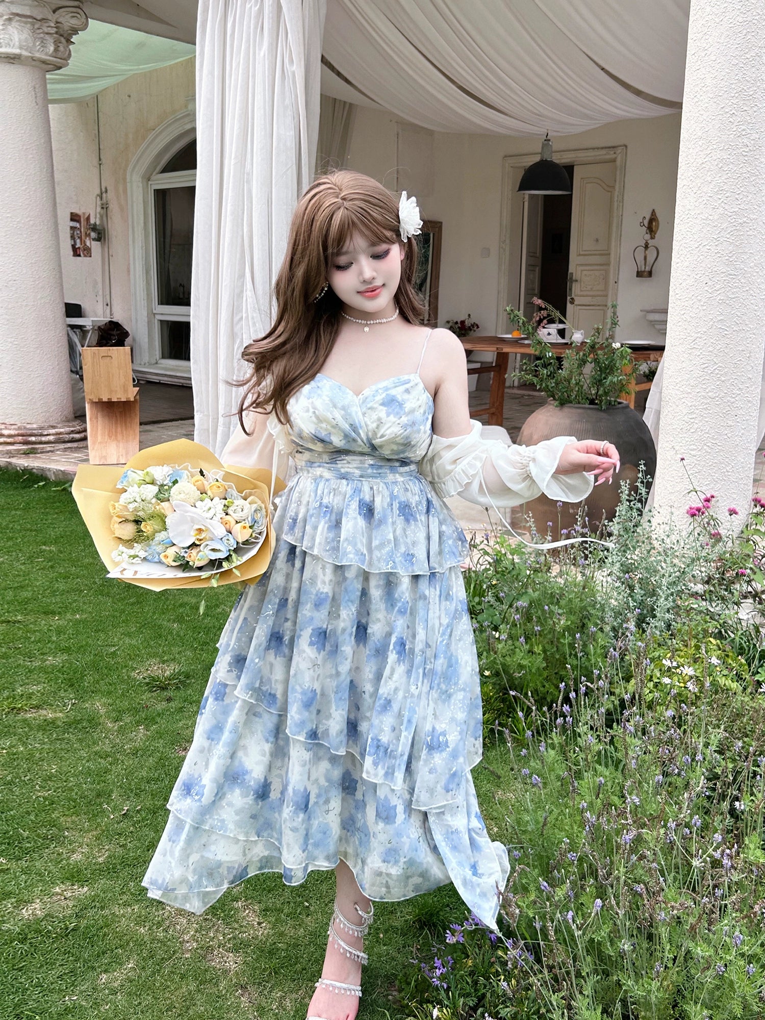 Yingtang - Plus Size Blue Lolita JSK Dress Cardigan Set New Arrival Lightweight Cardigan XL