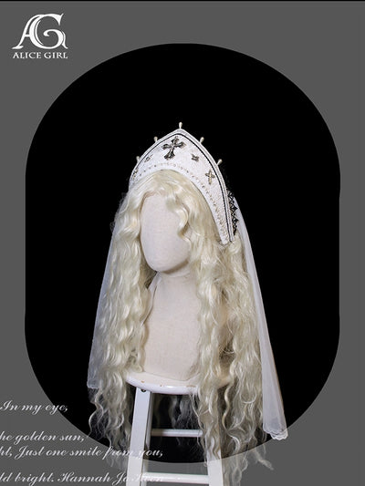 Alice Girl~Cross Church~Vintage Lolita Hat Embroidered Black White Pope Hat White (Cross Papal Hat)  