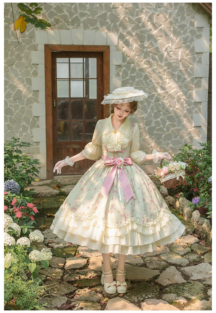 Wind Swept Roses - Classic Lolita Rose Printed Dress Set, Petal Hem