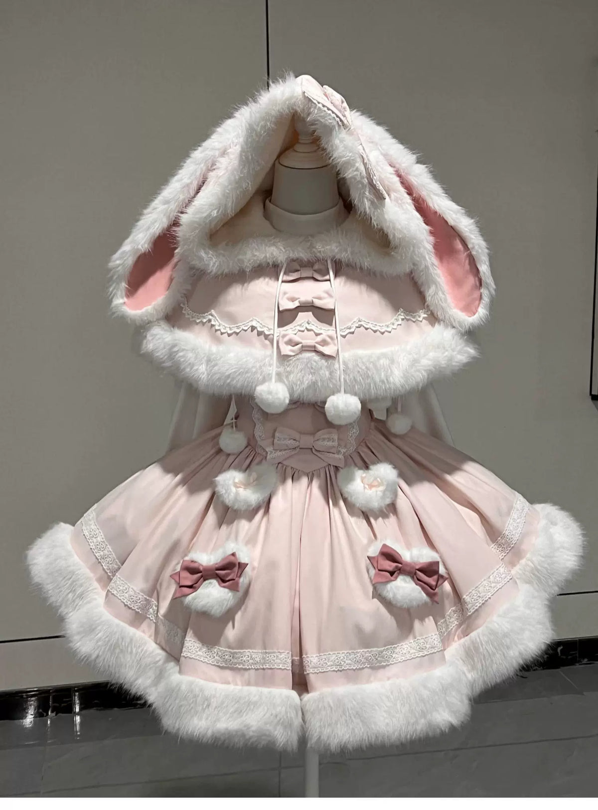 Sweet Dream Bunny - Sweet Lolita Cape & JSK Dress Set, Faux Fur Bunny Ear