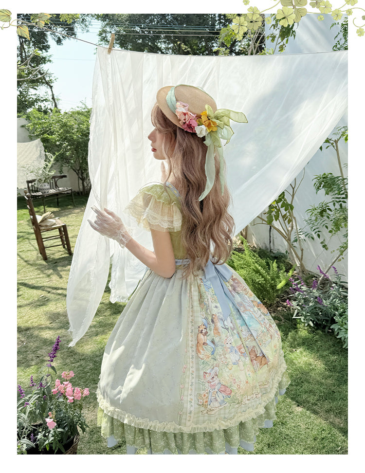 Strawberry Fantasia~Spring Bloom~Country Lolita JSK Set with Animal Prints and Overlay