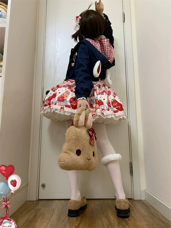 To Alice~Spring Strawberry Bunny~Kawaii Lolita Salopette Dress Hooded Coat and Blouse