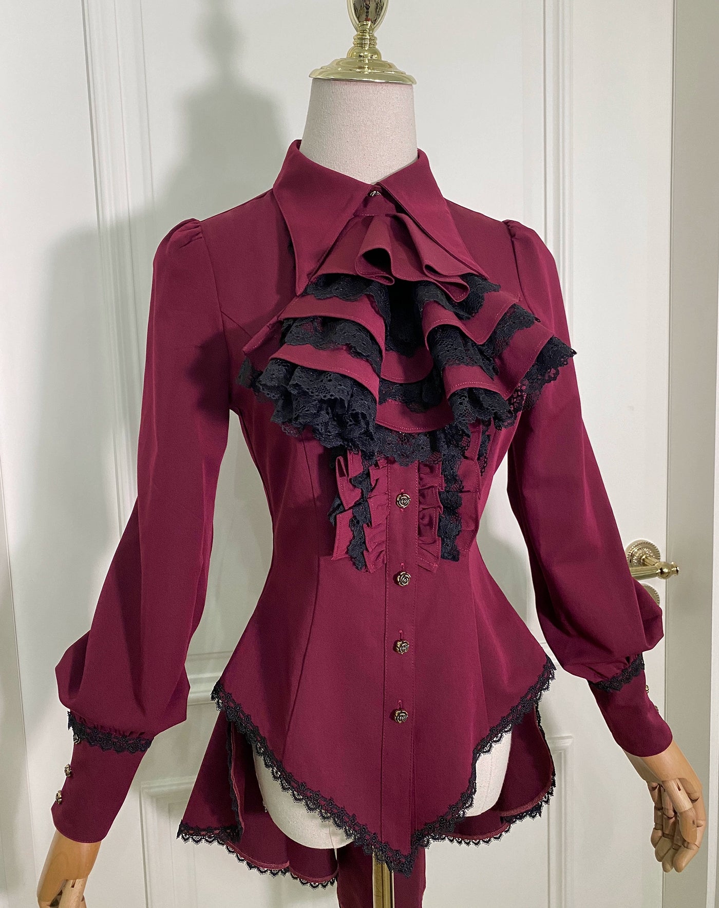 Little Dipper~Gothic Lolita Shirt Long Sleeve Bow Tie Blouse S Dark red 