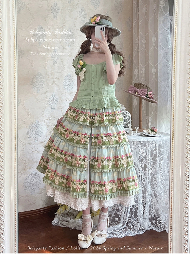 Beleganty~Tulip's Rabbit-Bear Dream~Sweet Lolita SK Suit Lolita Flutter Sleeve Top Blue green - Long SK S 