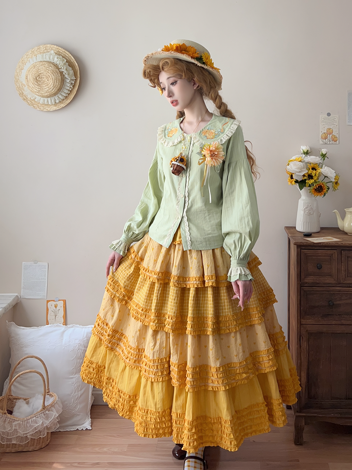 Miss Point~Garden Sunflower~Country Lolita SK Patchwork Tiered-Ruffles Skirt