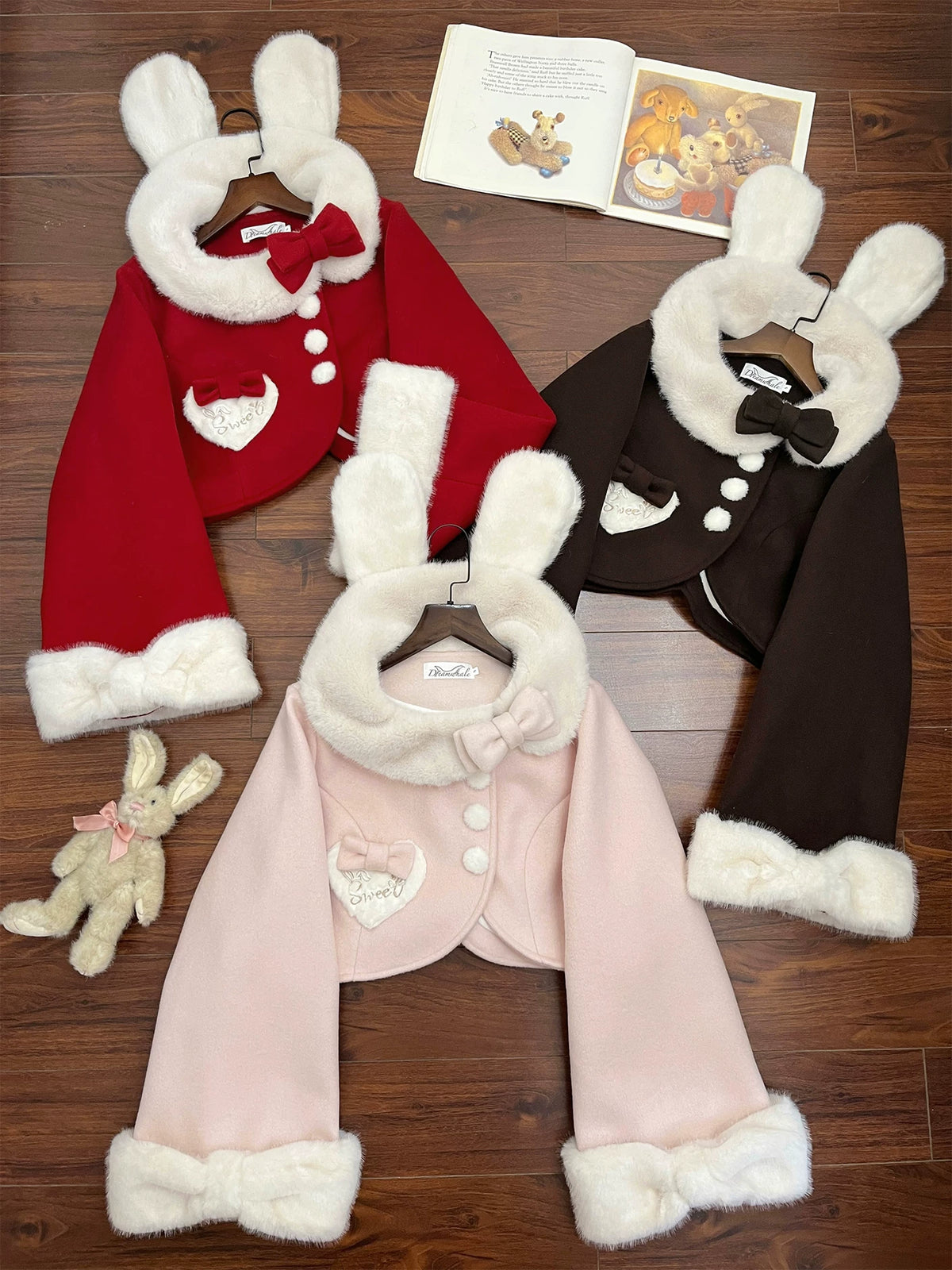 Rabbit Heart Knot - Sweet Lolita Winter Short Coat, Detachable Bunny-Ear Collar 45891:866848