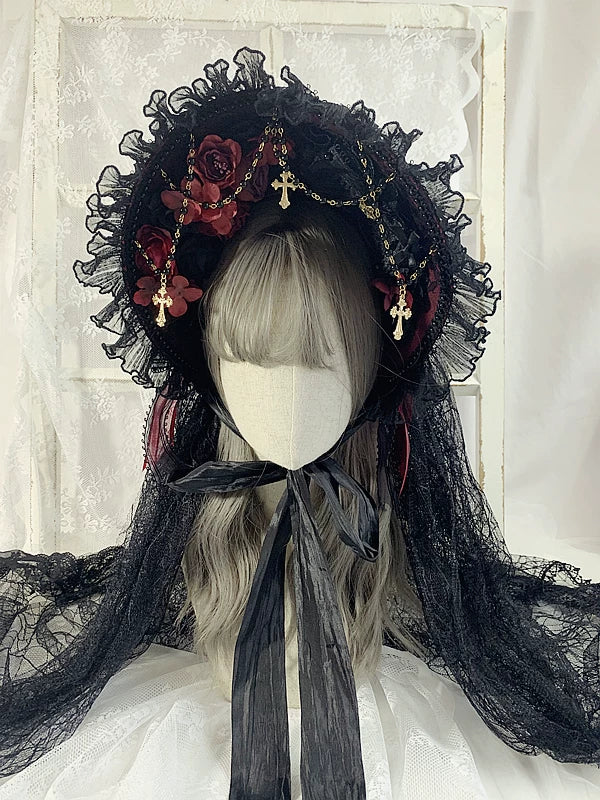 Gothic Lolita Lace BNT, Pearl Chain and Cross Pendants Black and Burgundy Red BNT + Detachable Head Veil