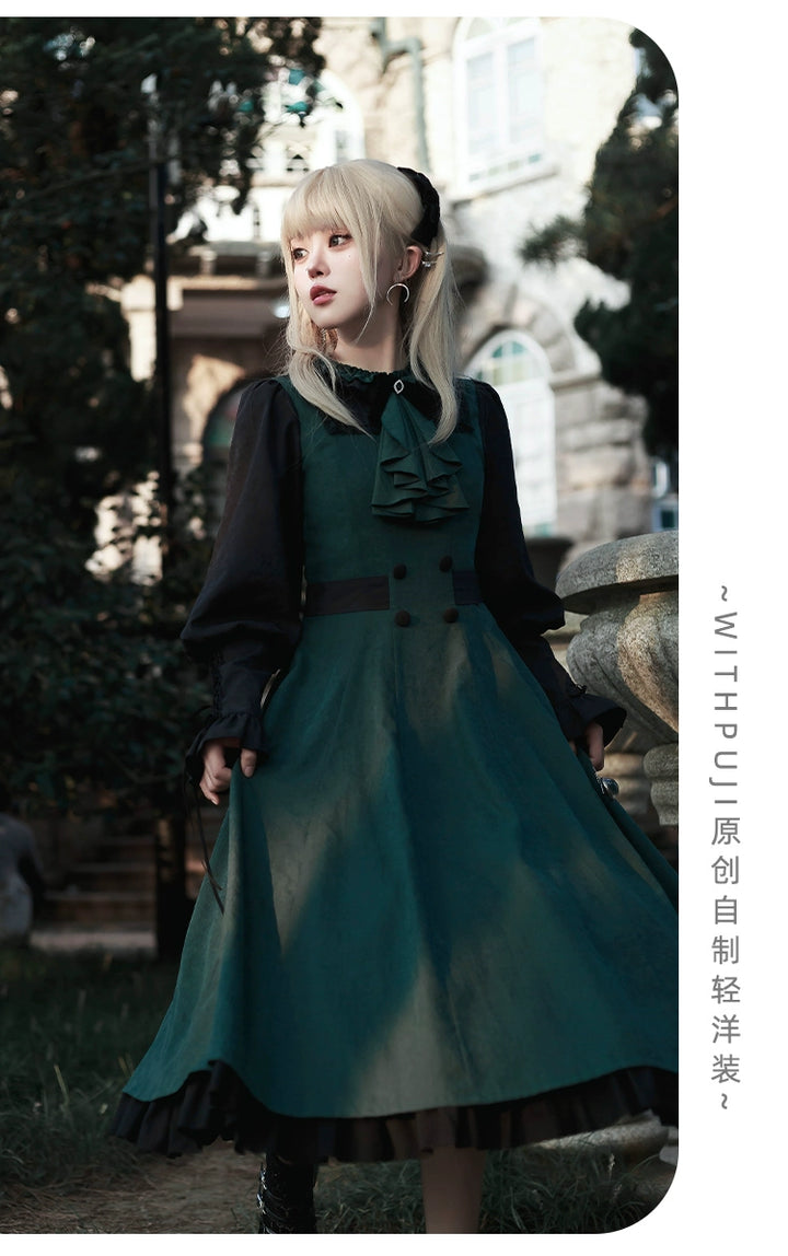 With PUJI~College of Potions~Elegantt Lolita OP Dress Black and Green Dress with Cape   