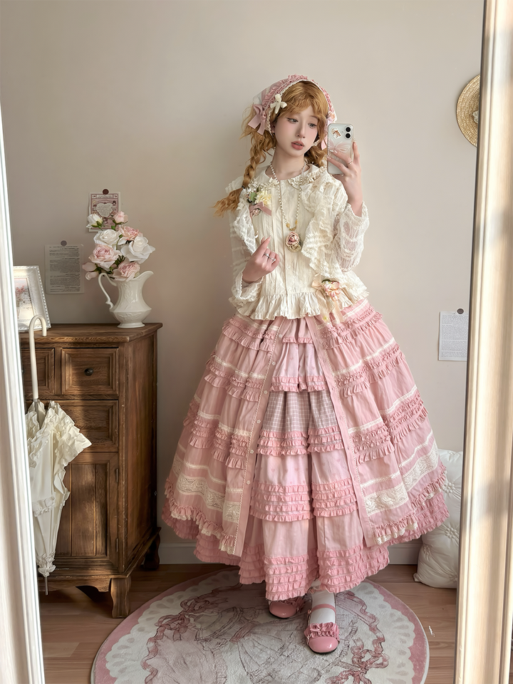 Miss Point~Garden Sunflower~Country Lolita SK Patchwork Tiered-Ruffles Skirt