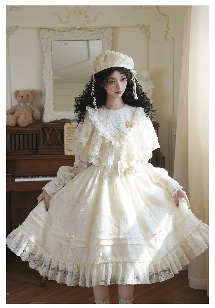 With PUJI~Floral Melody~Ivory Classic Lolita Long Sleeve OP Dress with Layered Bolero 42461:740978