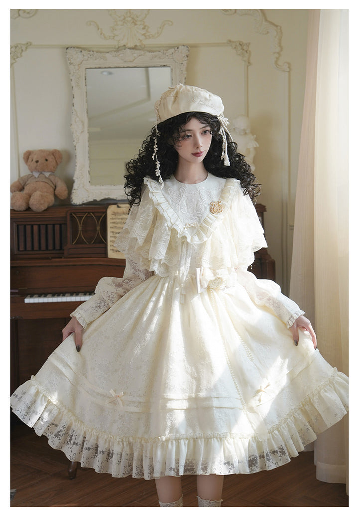 With PUJI~Floral Melody~Ivory Classic Lolita Long Sleeve OP Dress with Layered Bolero