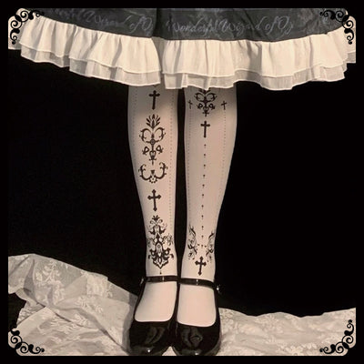 Wulala Mew~Elegant Lolita Pantyhose Daily Gold Stamping Tights Free size White pantyhose + black print 