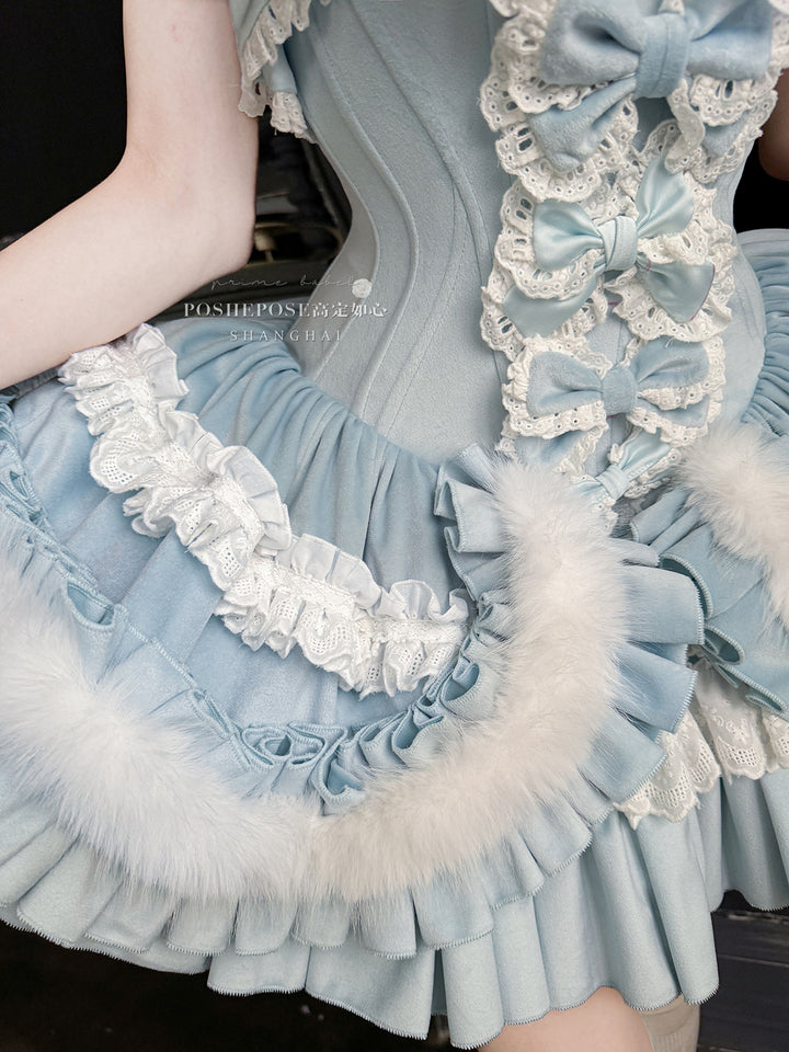 POSHEPOSE~Chuling Swan Lake~Sweet Lolita JSK Set Velvet Blue Dress for Prom